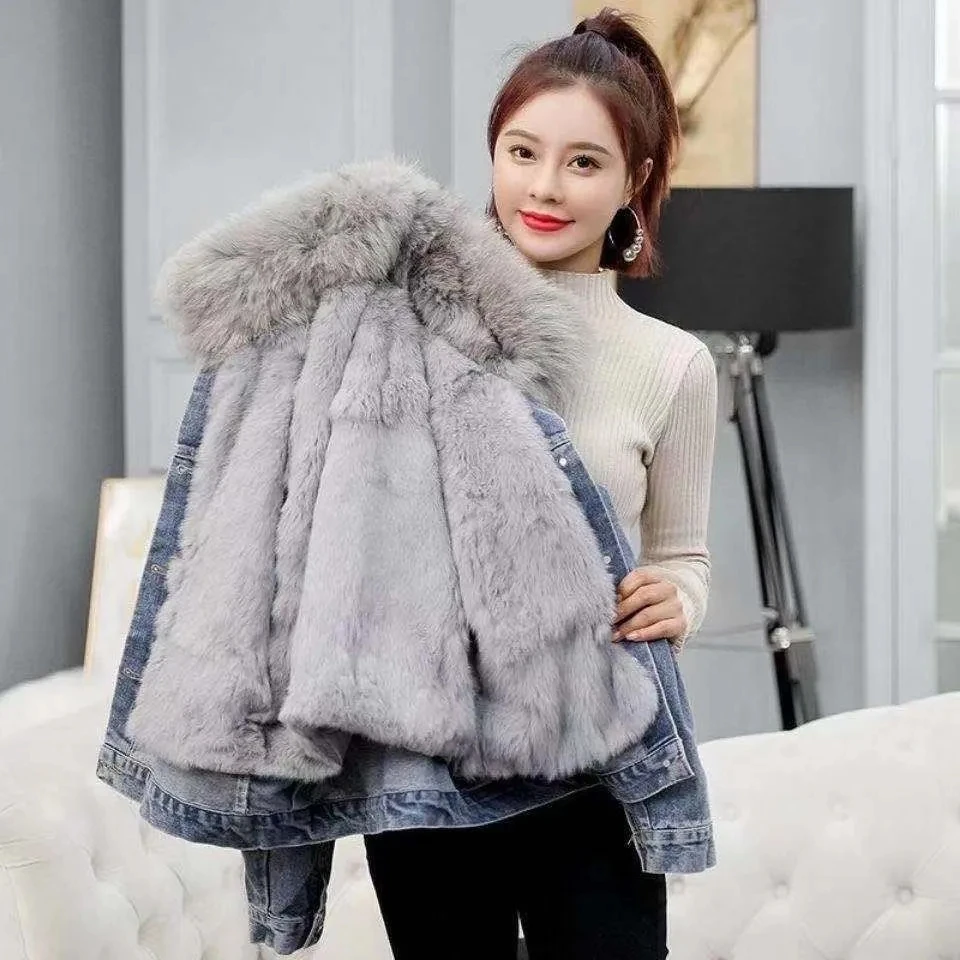 

Winter Denim Jacket Women Oversized Fur Collar Plus Velvet Padded Loose Jacket Vintage Cotton Thick Warm Jean Casual Coat