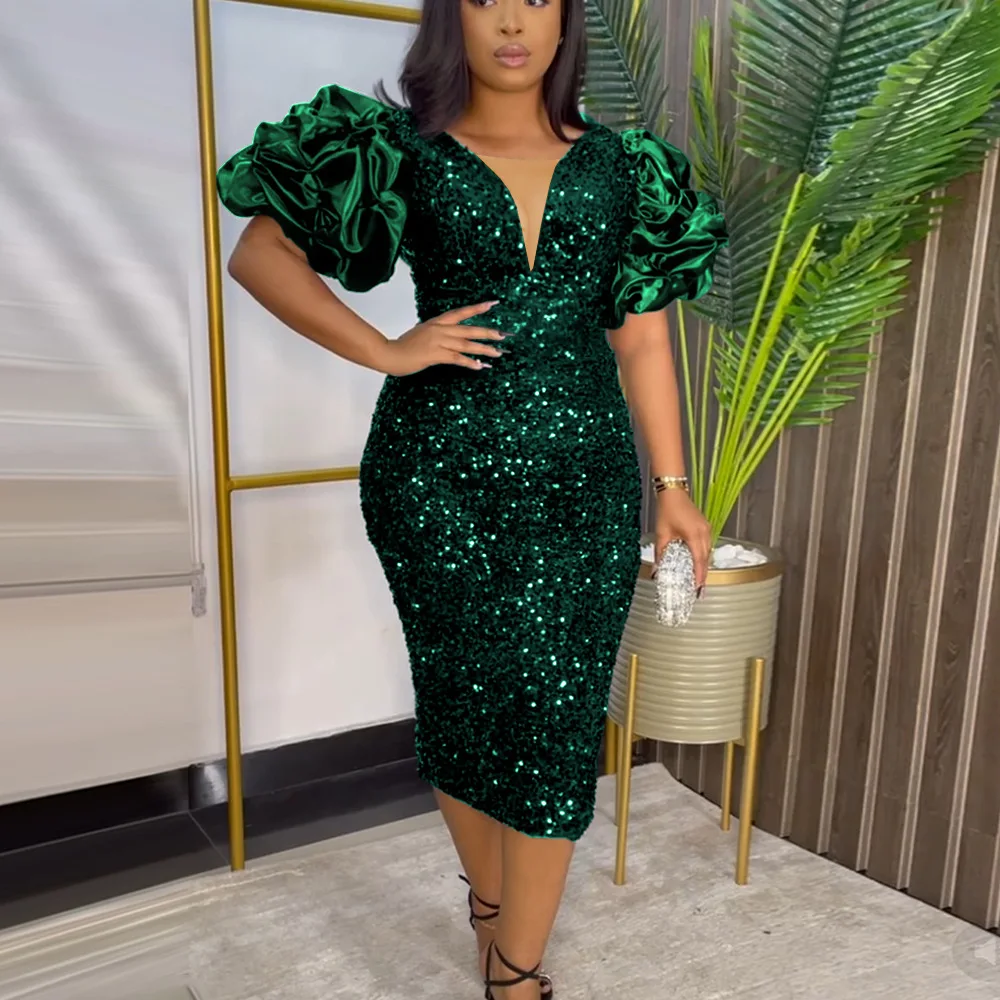 

Elegant Plus Size Women Summer Evening Dress 4XL Sequin Shiny Green Luxury Lady Party Dress Petal Short Sleeve Female Dress