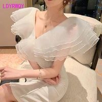 2022 new yuan yuan organza splicing temperament sexy v neck party slim dress office lady knee length