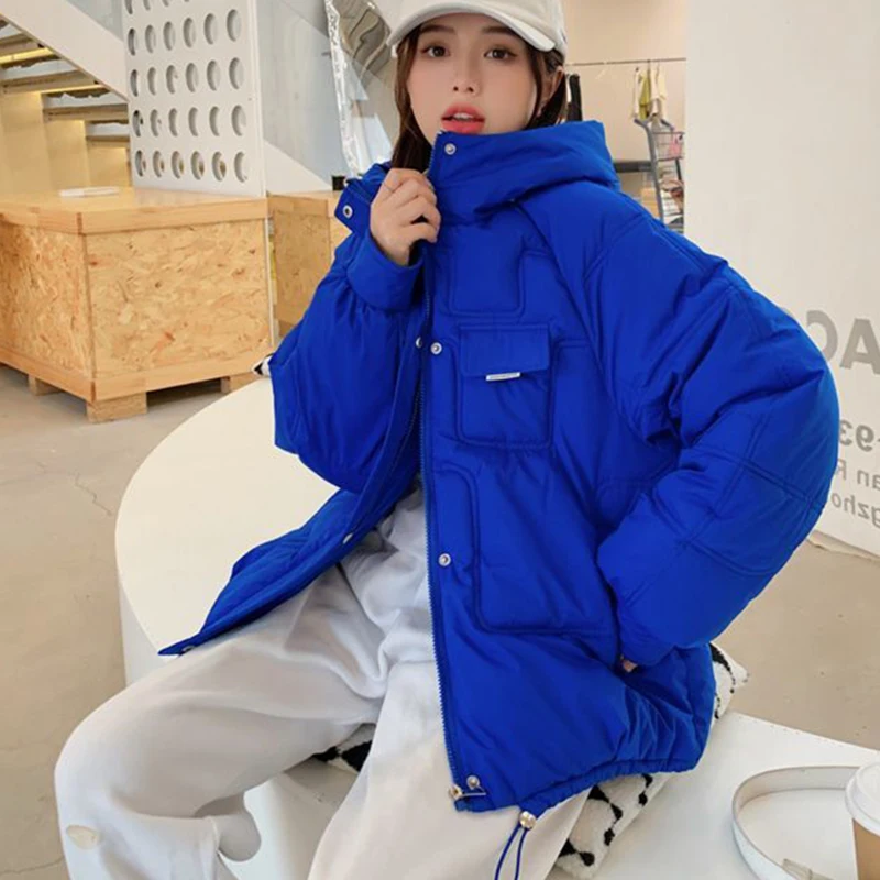 

Зимние женские парки Rimocy 2023 корейская мода воротник-стойка с капюшоном пуховик женская утепленная теплая синяя верхняя одежда для дам