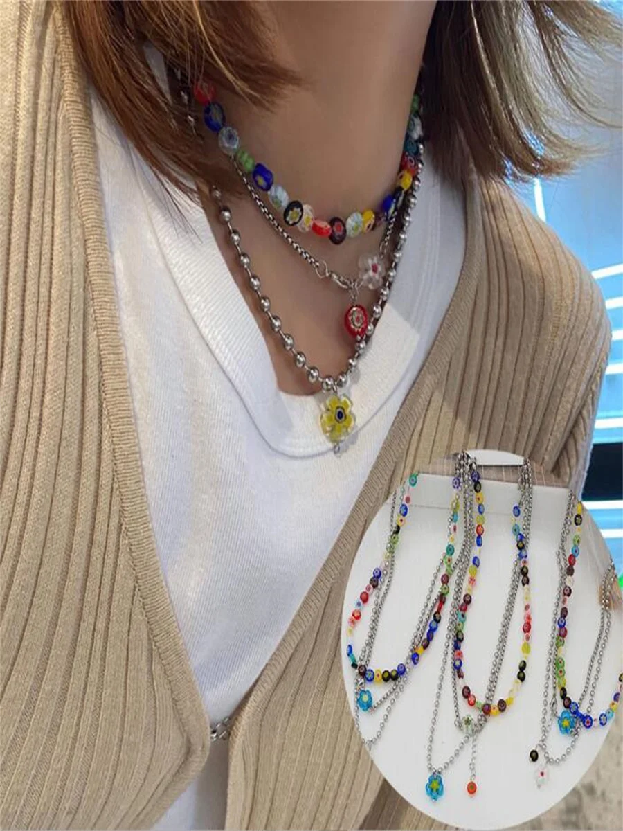 

Glass metal necklace, colorful necklace choker clavicle chain