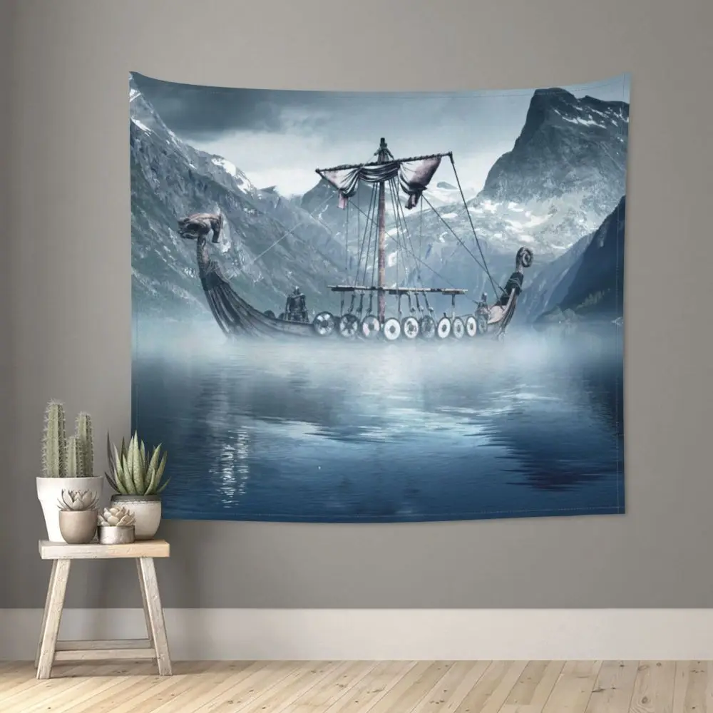 

CRA Viking Ship Tapestry Banner Nature Landscape Mountains Tapestries Window Curtain Wall Hanging Art Decoration For Living Room