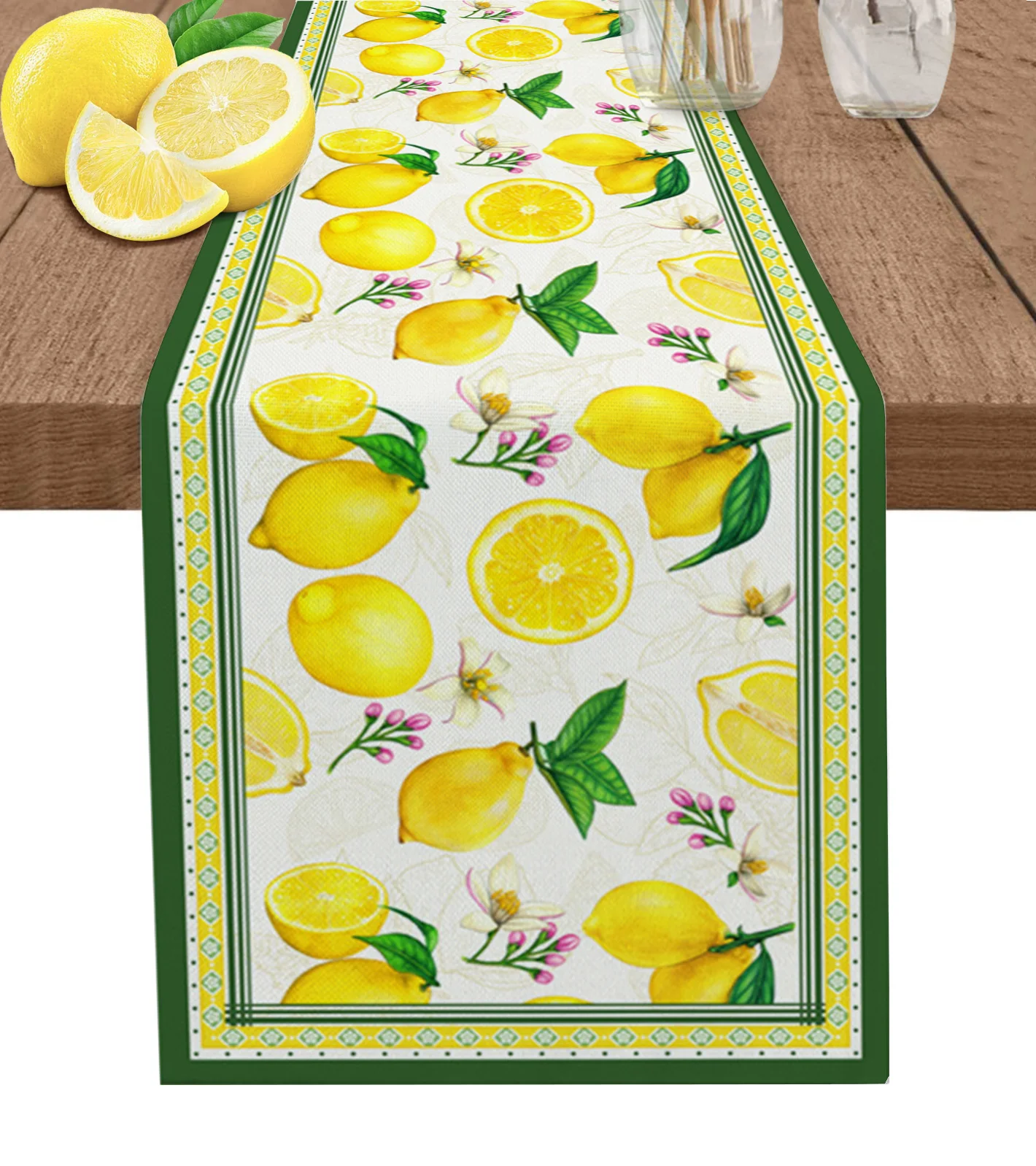 

Summer Idyllic Fruit Lemon Green Table Runner luxury Kitchen Dinner Table Cover Wedding Party Decor Cotton Linen Tablecloth