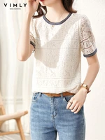 vimly 2022 summer womens t shirt round neck short sleevetops fashion lace hollow out gentle sweet female office lady tees v2805
