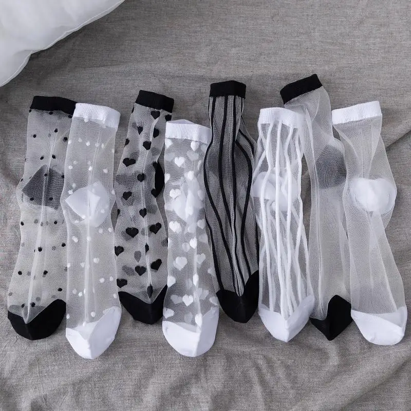 Calcetines sexys de encaje para mujer, medias cortas ultrafinas de malla transparente, Harajuku, informales, transpirables, en blanco y negro