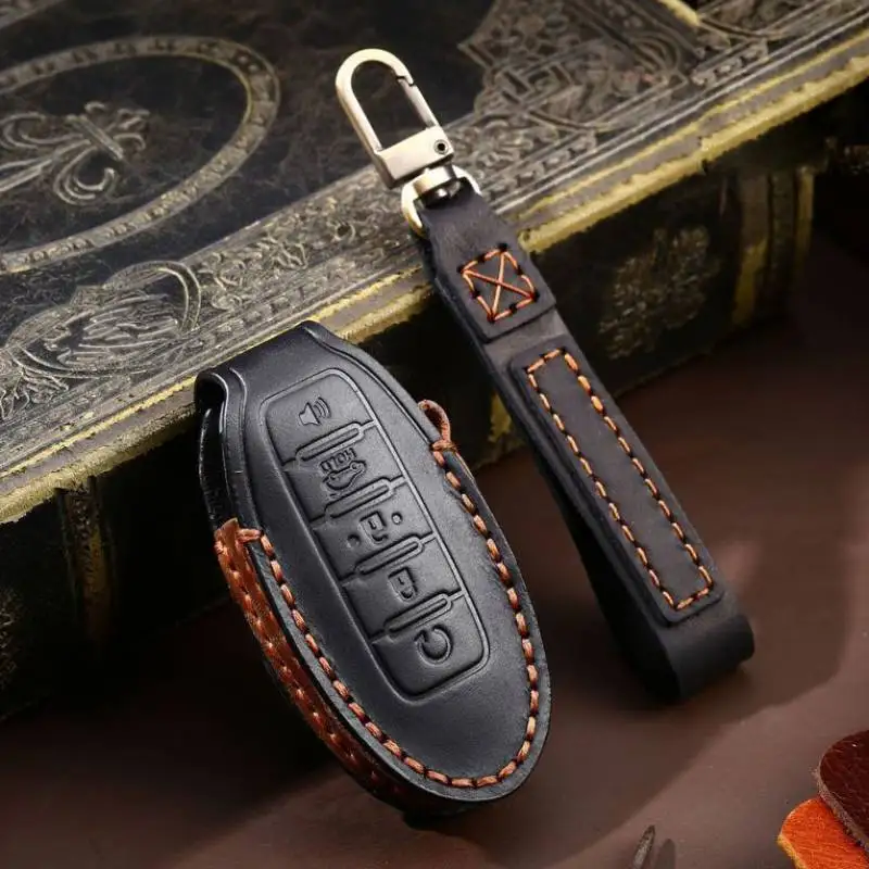 

For Leather Car Key Case Cover Fob Protector Keyring for Nissan Patrol Y62 Accessories 2021 5 Button Keychain Holder Shell