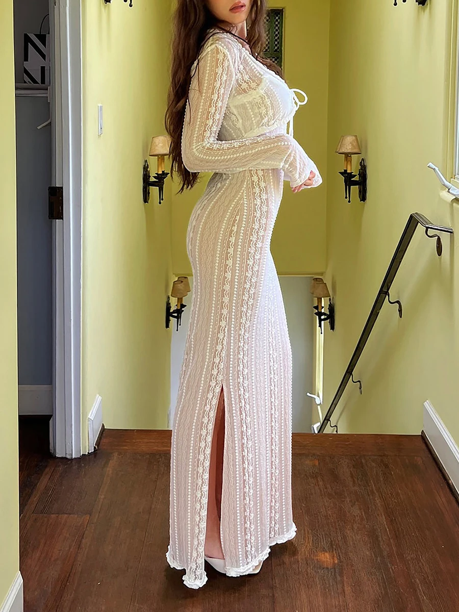 

Damen Spaghettiträger Spitze Patchwork Langes Kleid V-Ausschnitt Durchsichtiges Mesh Slip Maxikleid mit Langarm Krawatte