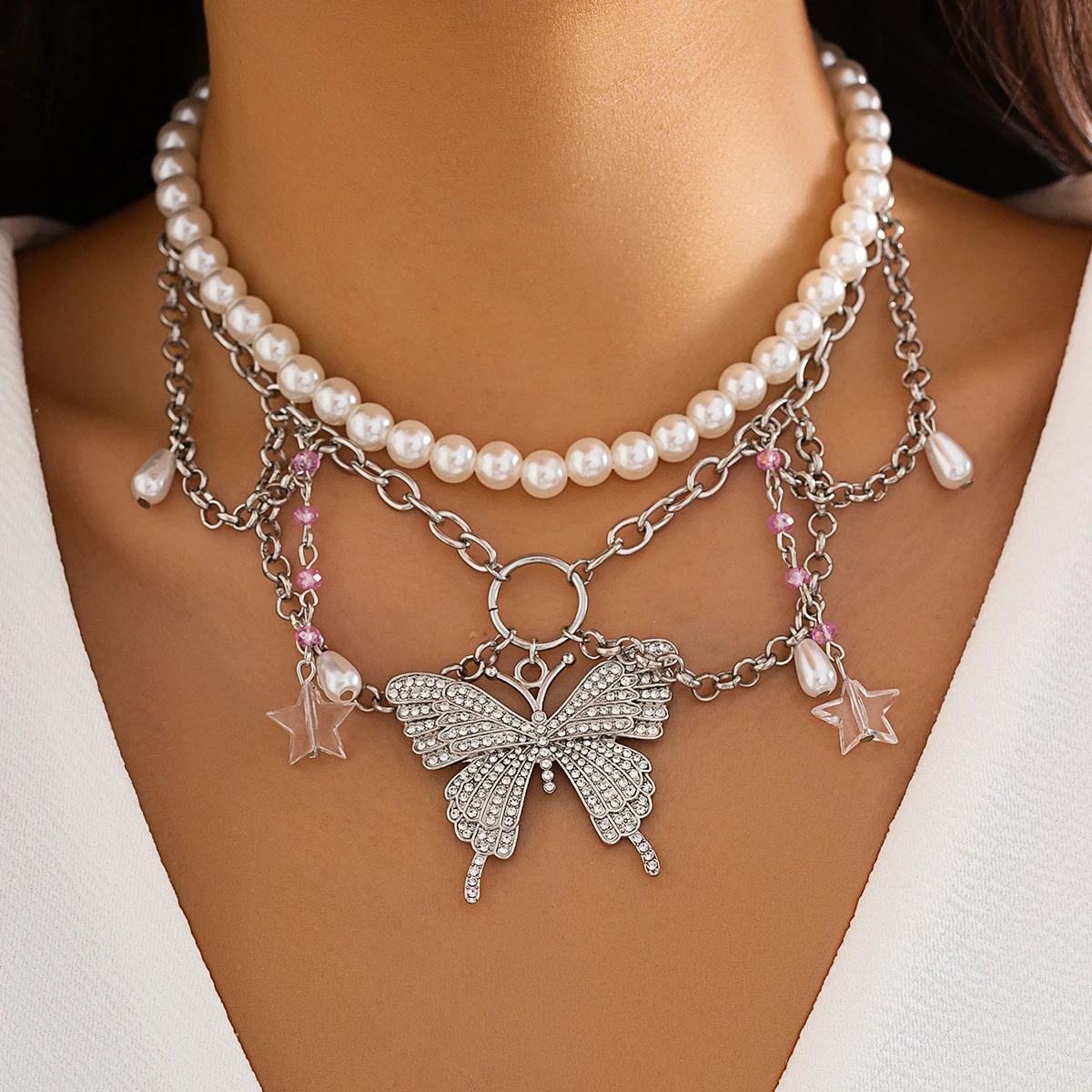 

KunJoe Punk Full Rhinestone Butterfly Pink Star Crystal Pendant Necklace Set Women Imitation Pearl Cross Chain Necklace