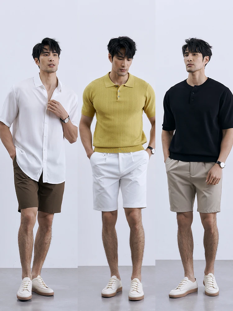 Business Casual High Waist Shorts Men's Summer Thin Straight Leg Non-ironing Pants Anti-Wrinkle Polyester Composite Elastic F... |