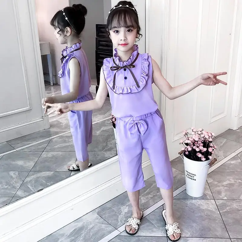 

Girls Summer Clothes Children's Chiffon Suit Baby Fashion Girl Two-piece Suit Sleeveless Pants Suits Childrens Students 7-12y