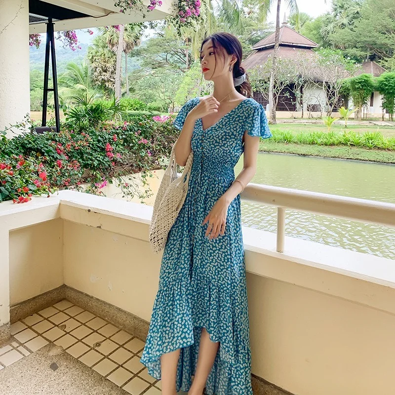 

Women Boho Long Maxi Dress Beach Skirt Fashion Sexy Halter Seaside Vacation Floral Irregular Long Skirt Dress Women's Clothing