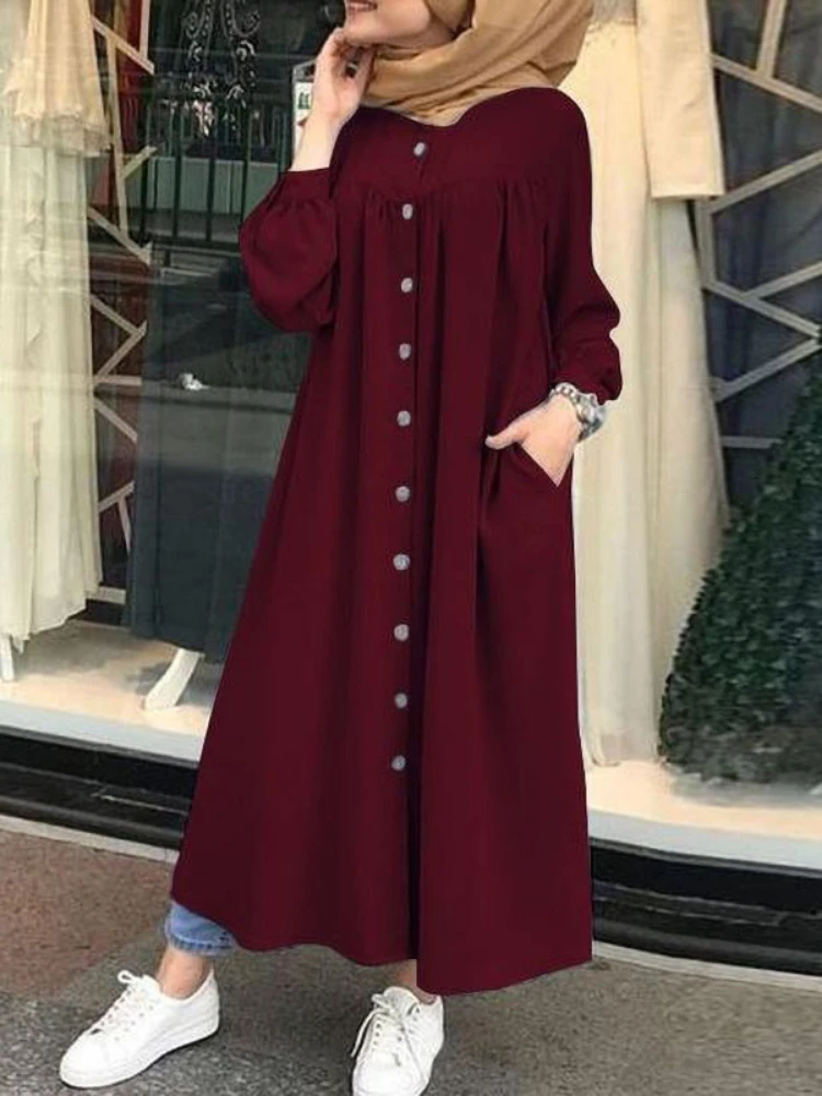 S-5XL Muslim Dress Women Hijab Shirt Dress Long Sleeve Maxi Vestidos Female Button Robe Femme Musulman High Wasit Solid Sundress