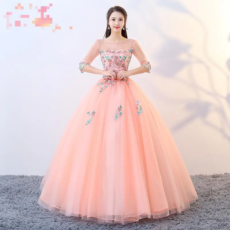 

New Pink Sweet Scoop Neck Quinceanera Dresses Lace Illusion Tulle Ball Gown Flowers Beading Floor-length Vestido De Debutante