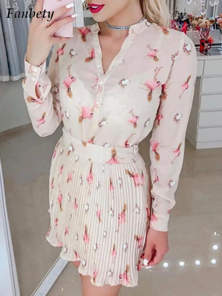 

Women Elegant Pattern Print Party Two Piece Set Summer Fashion V-Neck Button Top &Pleated Skirts Suit Lady Casual Ruffle Outfits