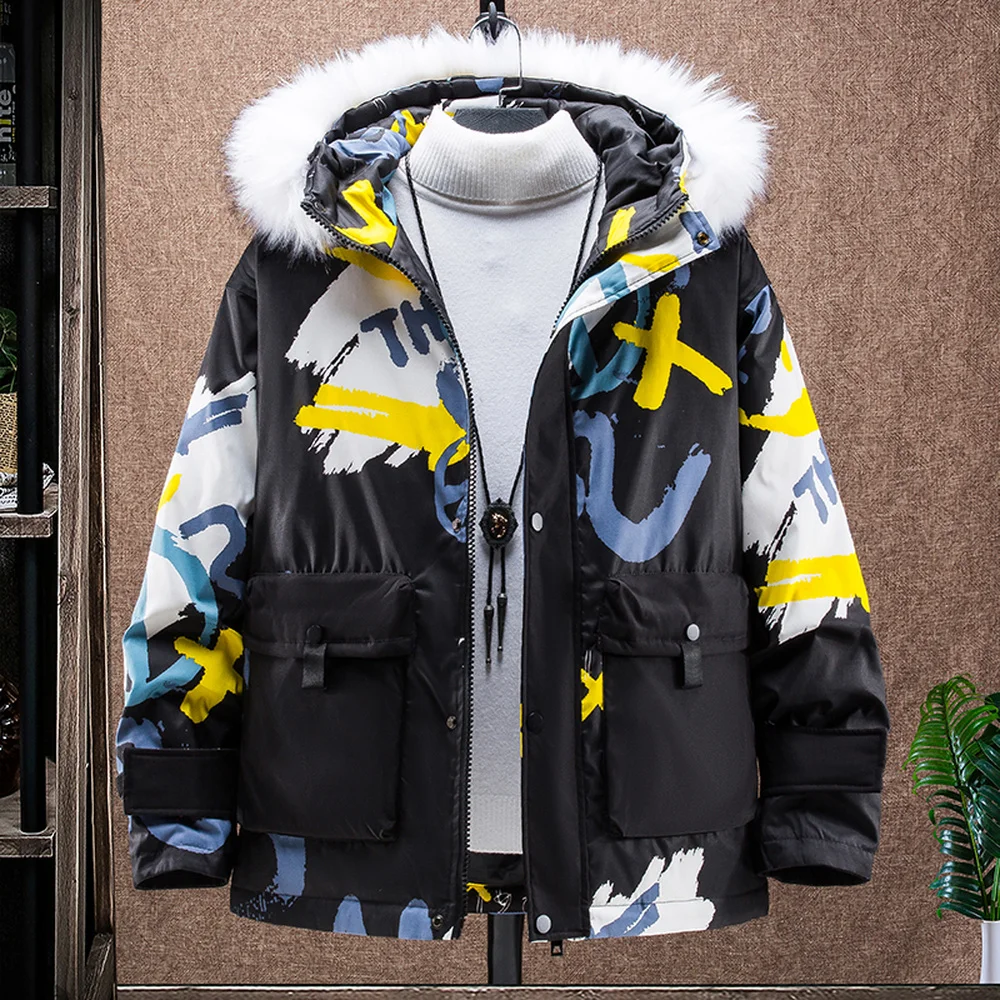 Graffiti Puffer Jacket Men Winter Thicken Warm Overcoat Jacket With Fur Collar Hip Hop Streetwear Jackets Men Fashion Clothing