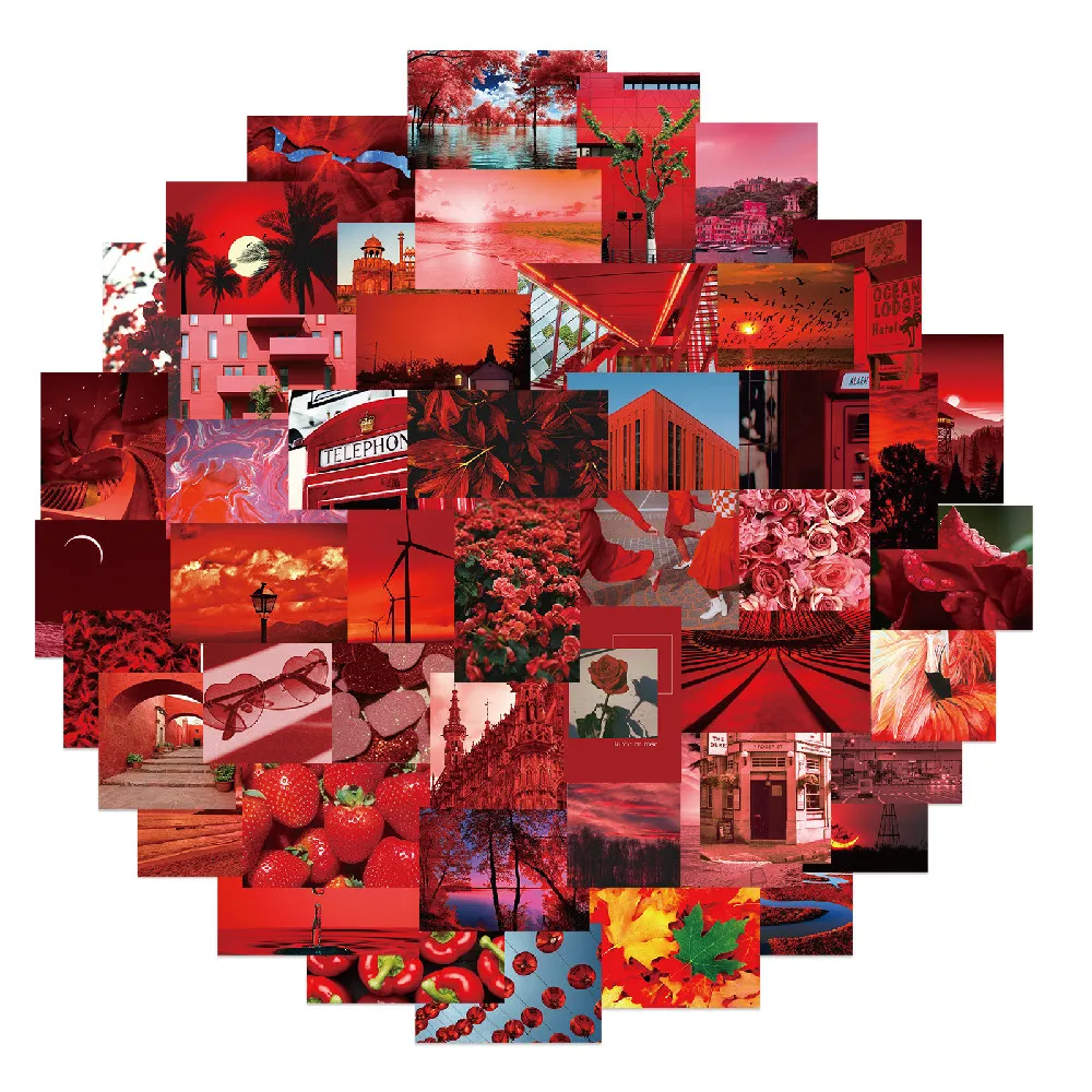 

10/30/50PCS Red Series Landscape Stickers Personality Decorative Luggage Notebook Waterproof Guitar Removable Stickers Wholesale