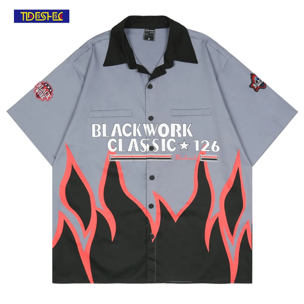 

2022 Summer Hip Hop Flame Polo Shirt Men Colorblock Embroidery Pattern Polo T Shirt Button Harajuku Short Sleeve Oversized Tee