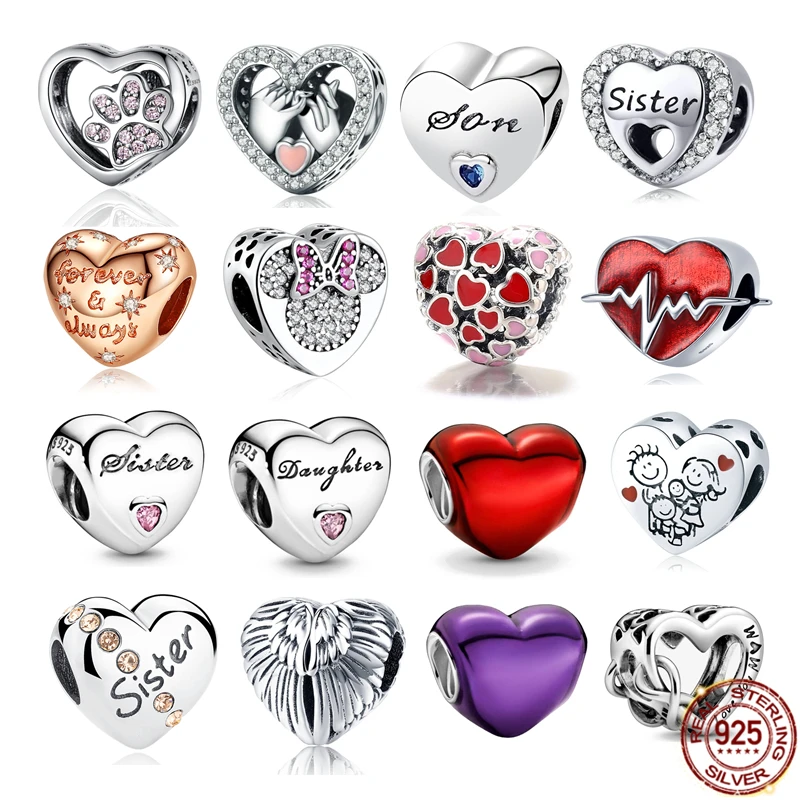 

925 Silver Love Heart Series Charm Family Sister Girl Friend Mom Beads Fit Pandora Bracelet DIY Pendant Fine Jewelry Accessories