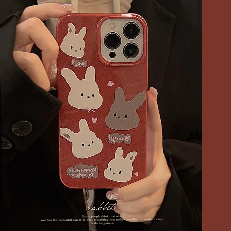 

Fashion Little Gray Rabbit Wine Red Color Phone Case For iPhone 13 Pro 12 11 Pro Max XR XS Max X 14 Plus Soft IMD Silicone Cover