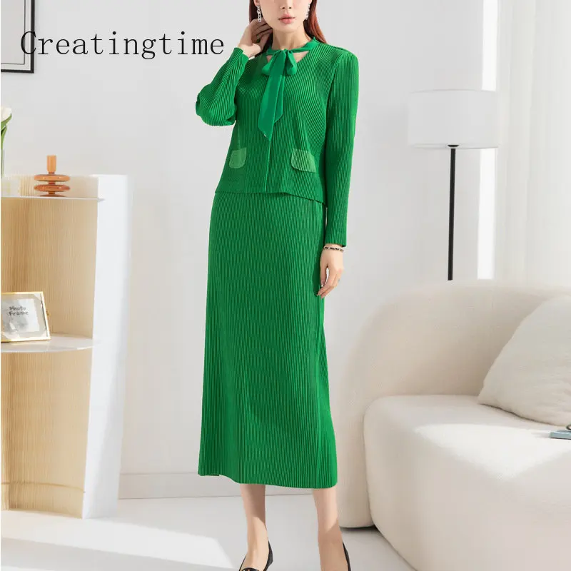 Fashion Pleated High-end Skirt Set Two-piece 2023 Spring Autumn New Round Neck Lace-up Long Sleeve Jacket And Split Skirts 1A276