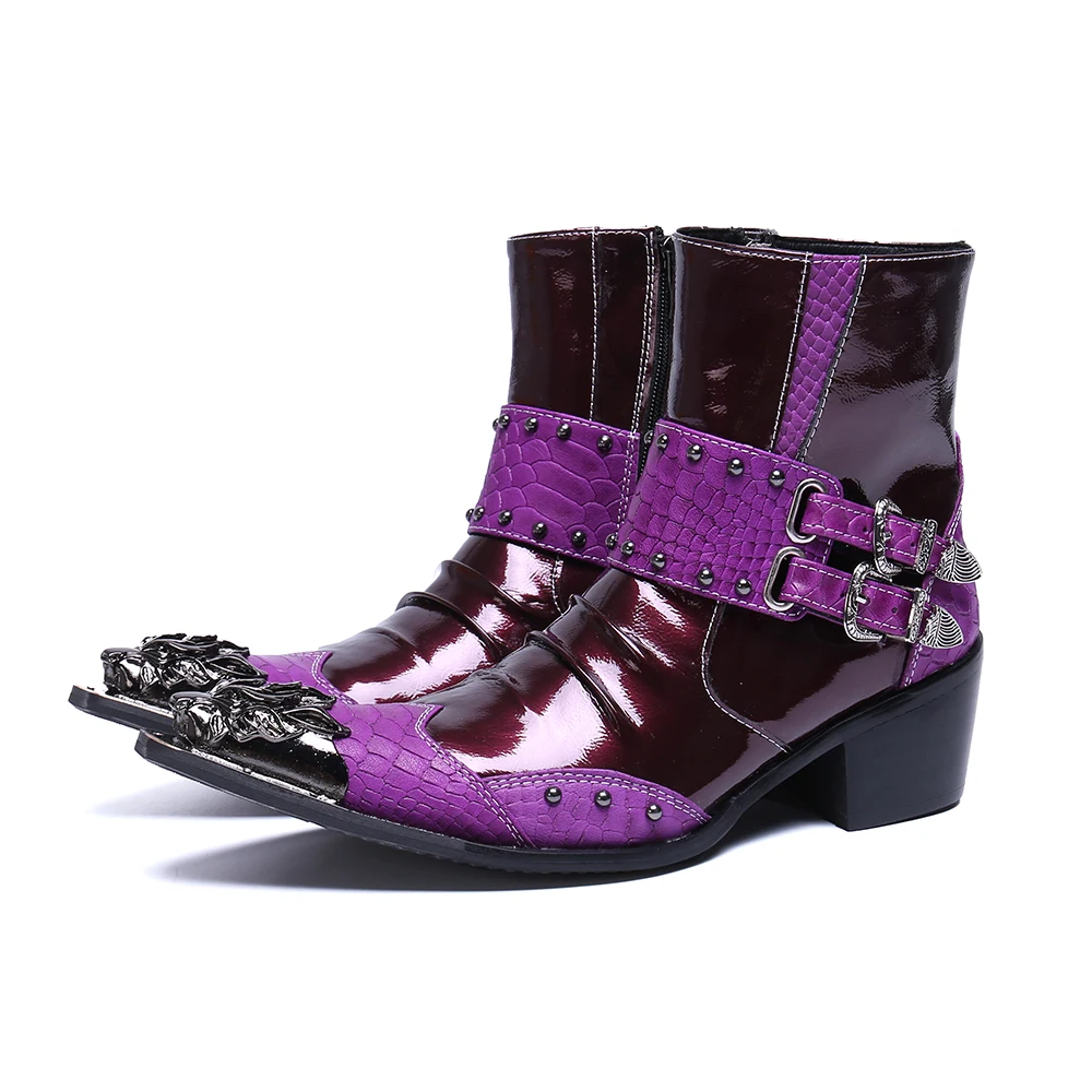 

2023 British Style Patchwork Zipper Prom Shoes Leisure Metal Pointed Toe Party Boots Fashion Real Leather Men Short Boots