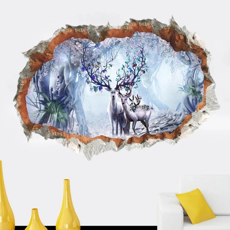 3D Broken Wall Deer Elk Forest Wall Sticker Living Room For Home Decoration Wall Paper Background Decals Art Wall Stickers