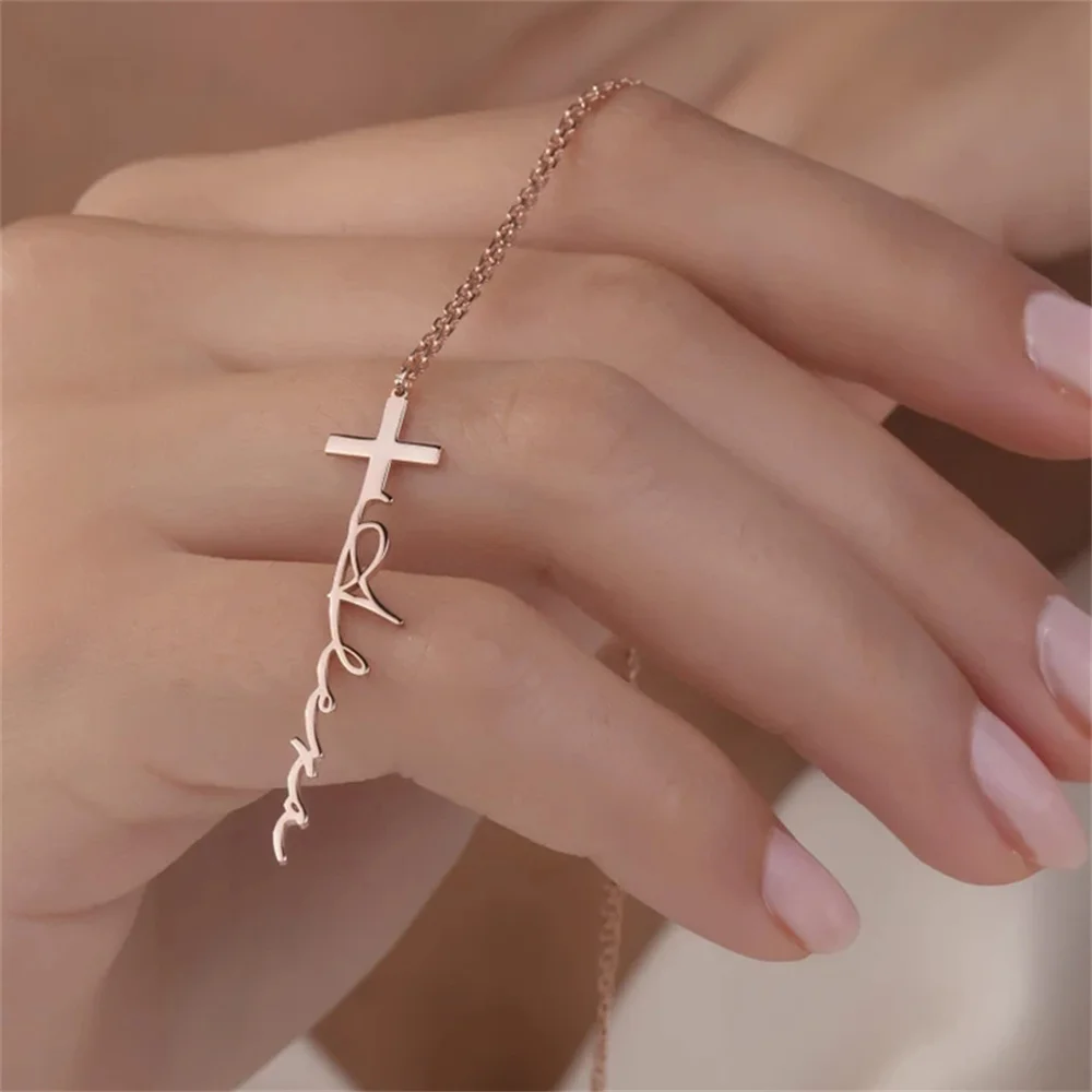

Personalized Christian Cross Cursive Custom Name Necklace Stainless Steel Gold Letter Pendant Choker Collar Jewelry for Women
