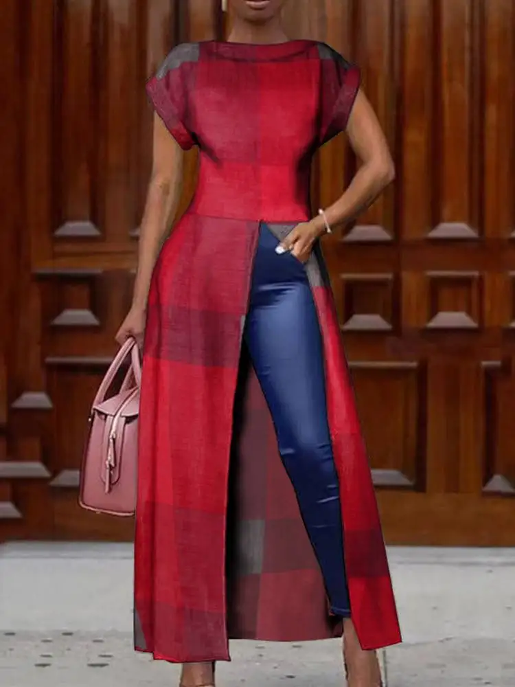 

VONDA мешковатая блузка 2022, богемные женские топы с высоким разрезом и пэчворком, асимметричные рубашки с круглым вырезом и коротким рукавом, ...