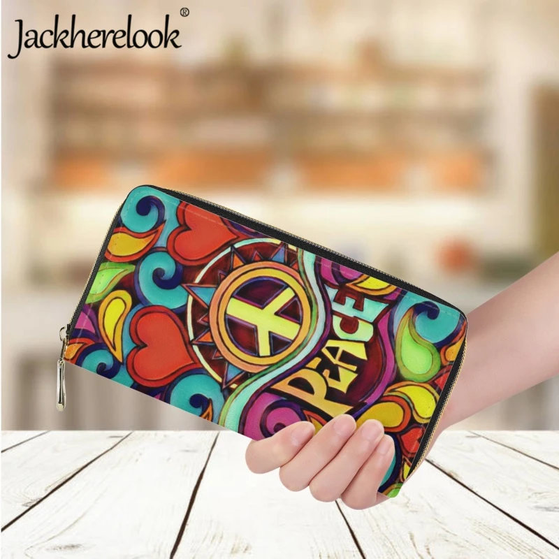 

Jackherelook Peace Love Printed Wallet Fashion Ladies Trendy New Purse Long Leather Luxury Card Holder Women's Clutch Money Bag