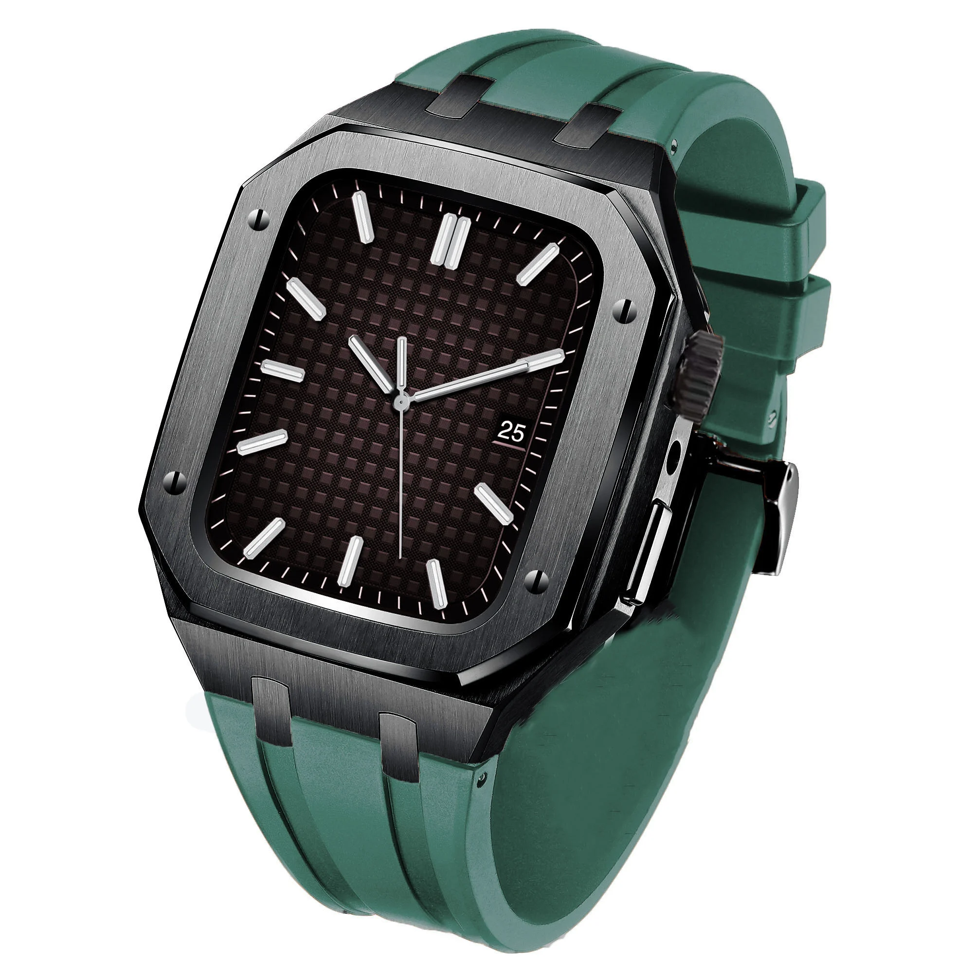 Metal Case for Apple Watch Band 45mm 44mm Rubber & Leather Watchband for IWatch Series 7 6 5 4 3 SE Correa DIY Modification Kit