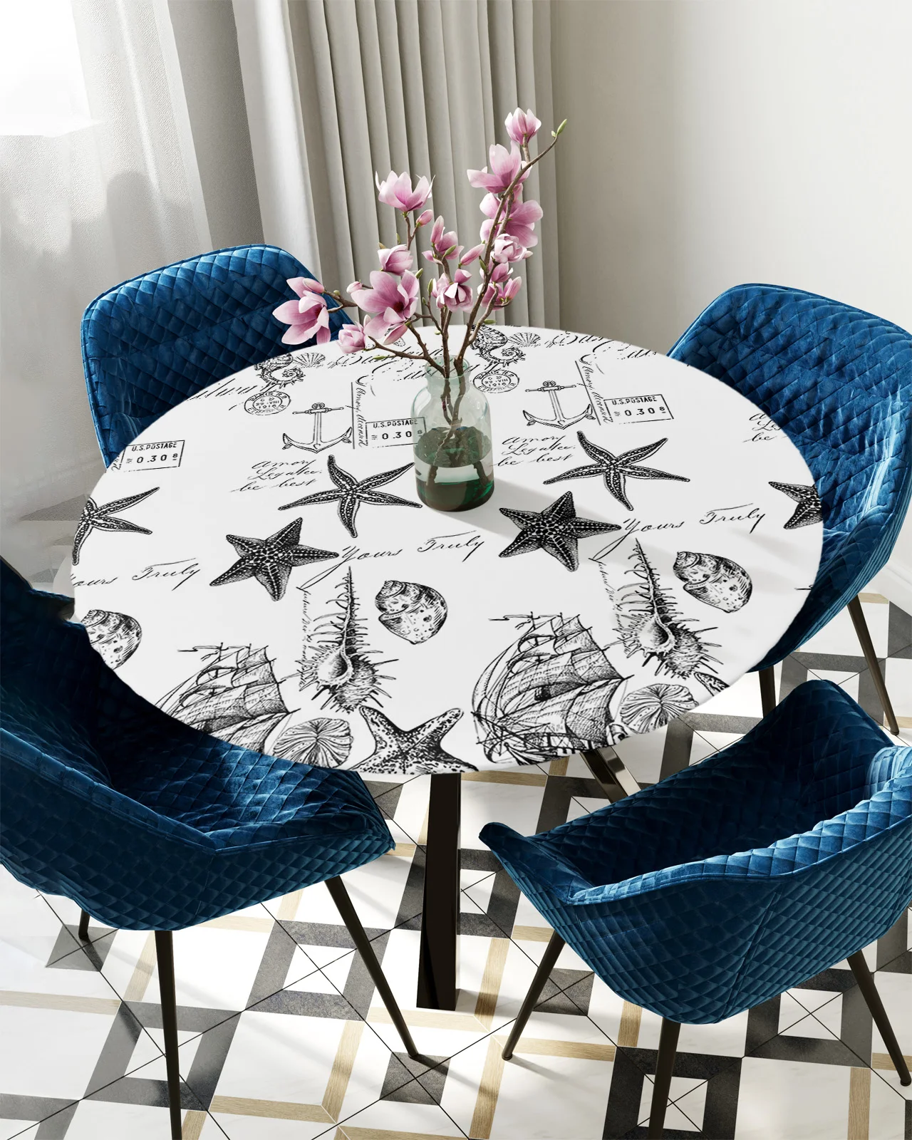

Black Ocean Starfish Conch Seahorse Anchor Round Rectangle Waterproof Elastic Tablecloth Home Kitchen Table Cloth Table Cover