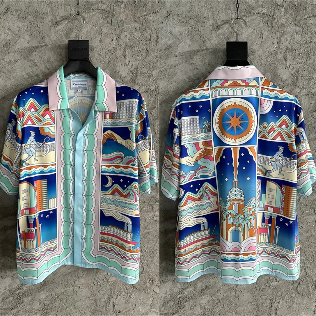 

Новинка, шелковая рубашка в стиле пэчворк для мужчин и женщин 1:1, высококачественные Гавайские пляжные рубашки с коротким рукавом