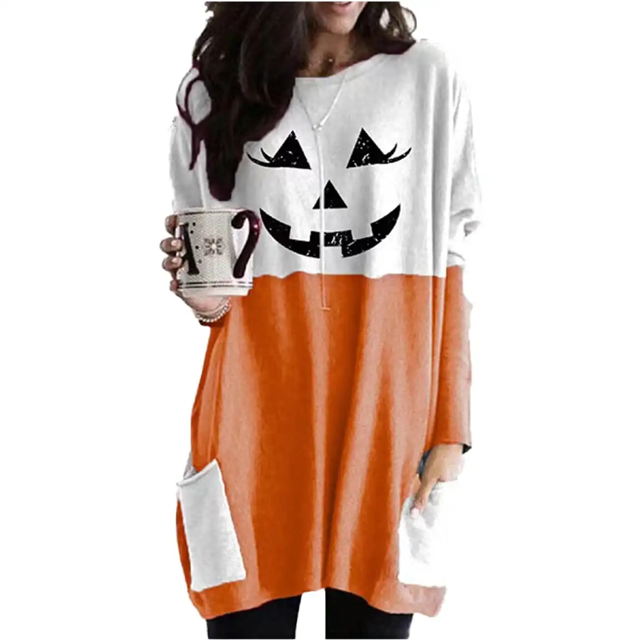 

Halloween Hoodie Women Fashion O-Neck Hoodie Long Sleeve Sweatshirt Dress Halloween Coat Pocket Long Hoodies Female Sweats Smile