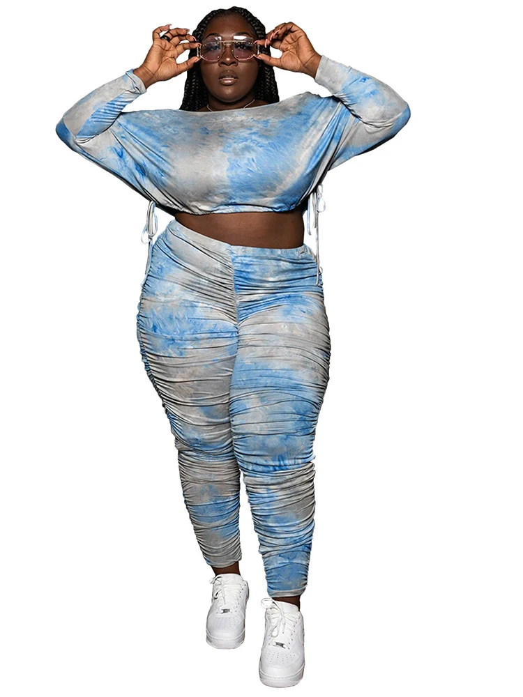 

5XL Plus Size Set Clothes Women Crop Tops High Waist Pant Suits Autumn Fashion Tie Dye Print Draped Casual Sexy Oversize Outfits