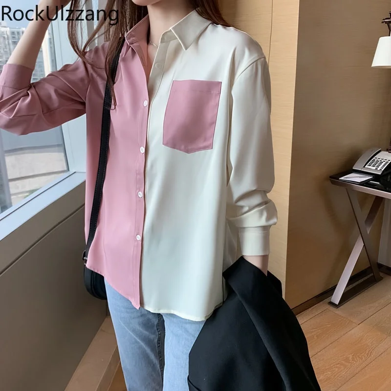 

Collared Turndown Neck Contrast Colorblock Button Up Shirt Long Sleeve Blouse Pocket Blusas Women Ladies Top Korean Clothes Fall