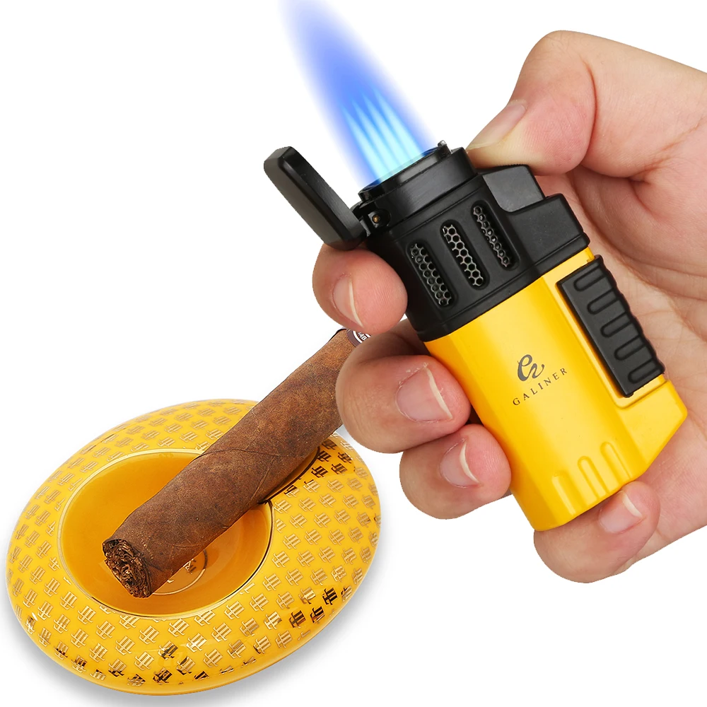 

GALINER Plastic Cigar Lighter Butane Gas Torch 4 Jet Lighters For Smoking Ceramic Ashtray Cigar Accessories Mini 1 Holder