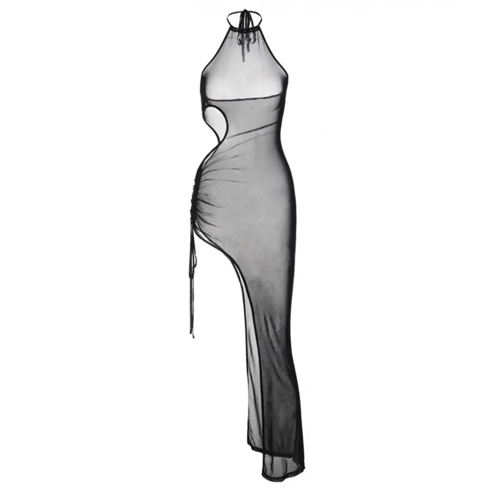 

Breathable Charming Waist Hollow See-Through Mesh Sexy Maxi Dress Half Flowy Hem Party Dress Open Back Streetwear
