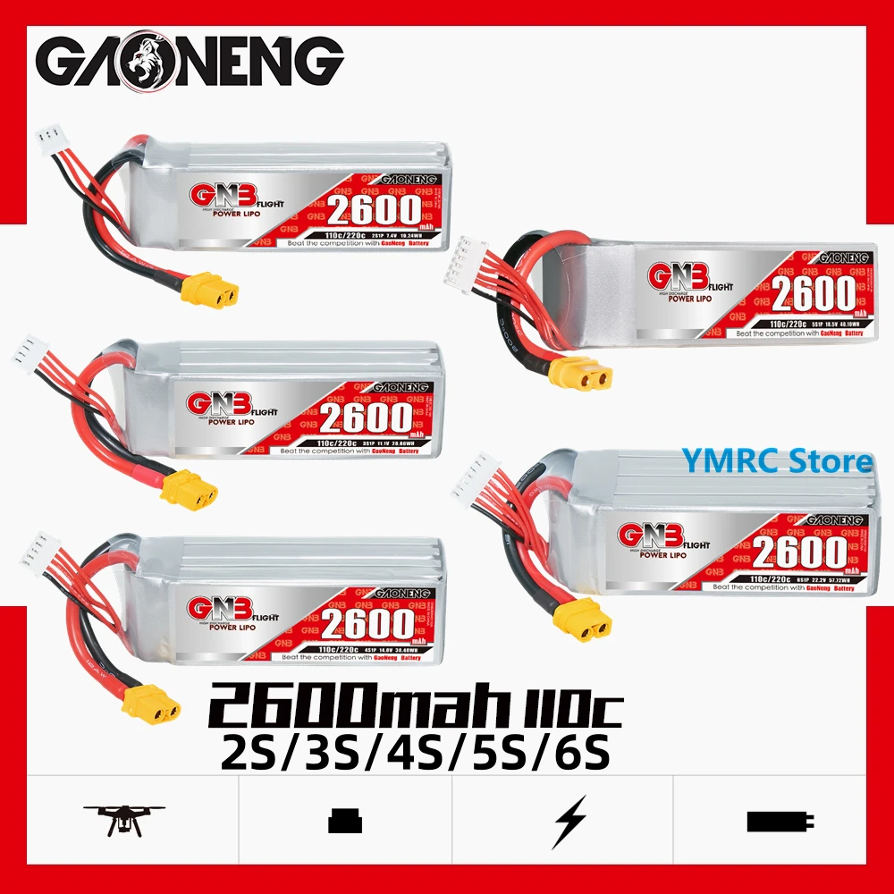 

Gaoneng GNB 2600mAh 2S/3S/4S/5S/6S 7.4V/11.1V/14.8V/18.5V/22.2V 110C LiPo Battery with XT60 Plug for RC Boats Drone Fixed Wing