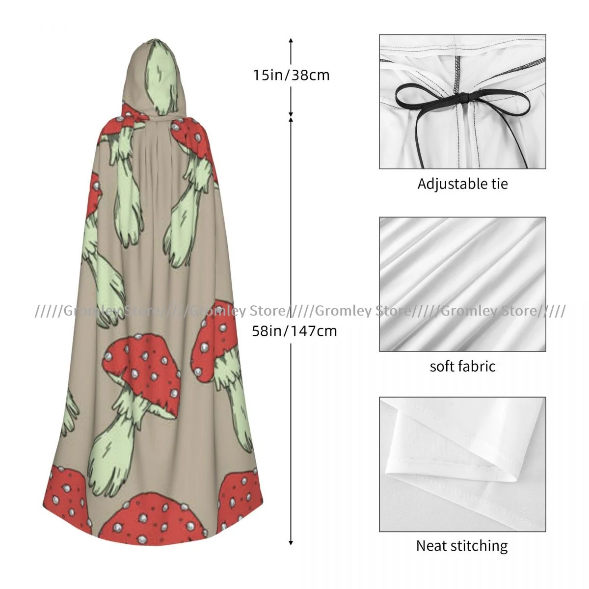 Длинный халат с капюшоном ведьмы МАНТИЯ С агарическим рисунком грибов для