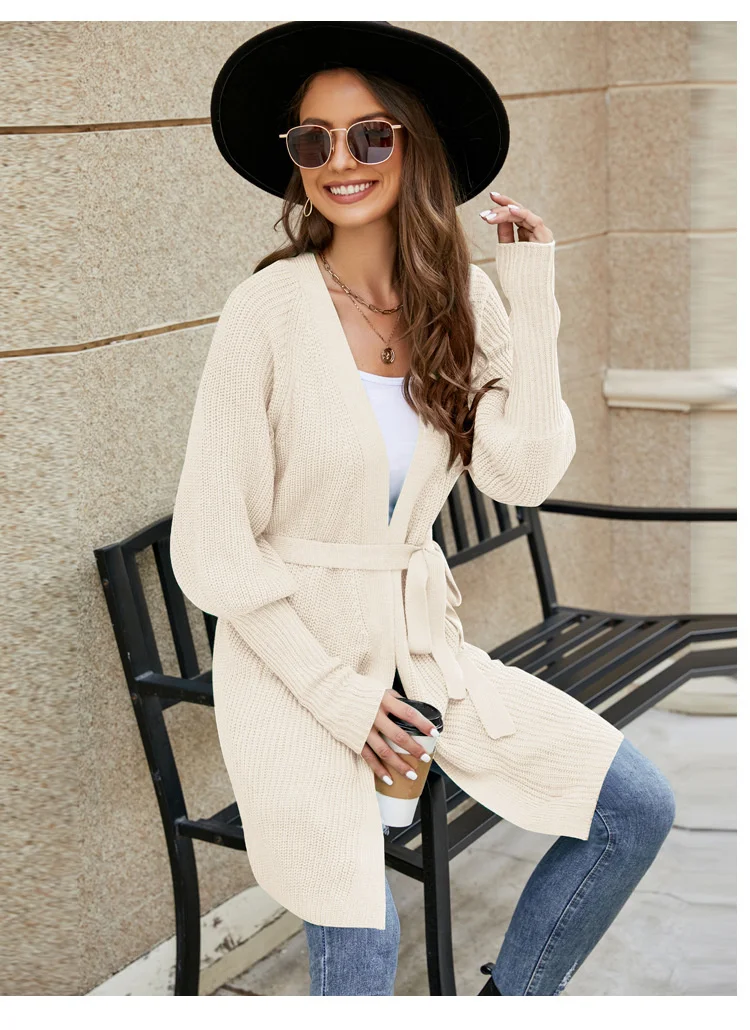 

2023 Casual Women's strapping V-neck solid knit cardigan autumn and winter temperament long green sweater jacket