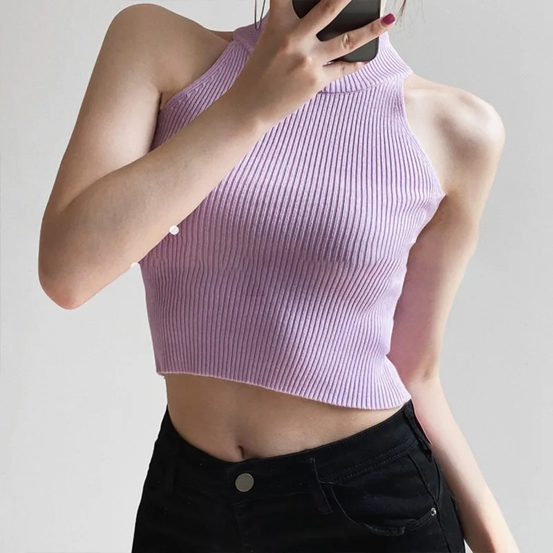 

Women Basics Solid Casual Ribbed Knit Sleeveless Corset Halter Crossfit Crop Top Y2k Clothes Femme Stretch Cropped Tank