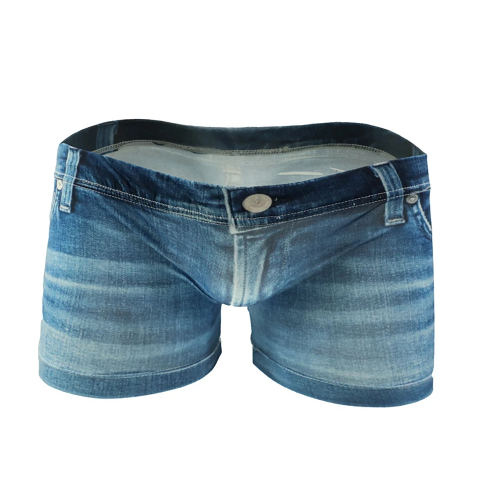 

Big Pouch Boxershorts Men Ice Silk Boxer 3D Denim Printed Male Panties Gay Sexy Trunk Shorts Fake Jean Underwear Boxers