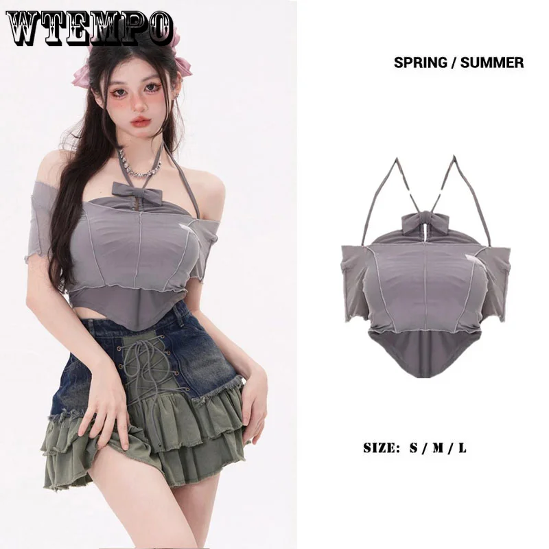

Halter Camis Gauze Off Shoulder Bow Knot Women Short Top Slim Sweet Cool Sexy Hottie Korean Fashion E-girl Summer Drop Shipping