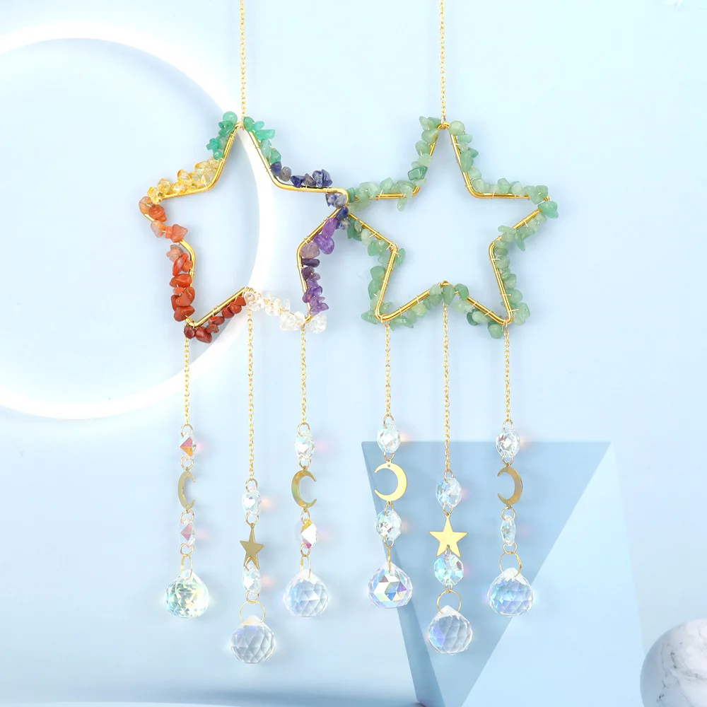 Handmade Sun Catcher Natural 7color Chakra Stone Hollow-out Stars With Alloy Moon Colorful Glass Crystal Pendant Christmas Gift