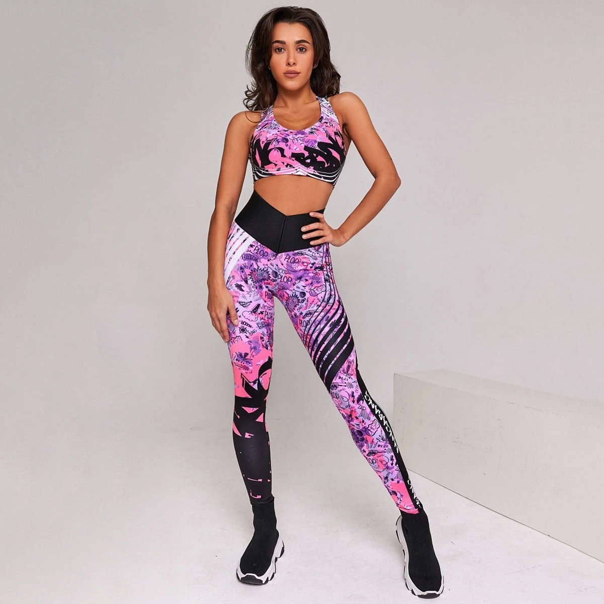 

Oshoplive 2022 Summer Women Fashion Sportswear Letter Printed Bra&High Waist Leggings Sports Gym Clothing Fitness Suits