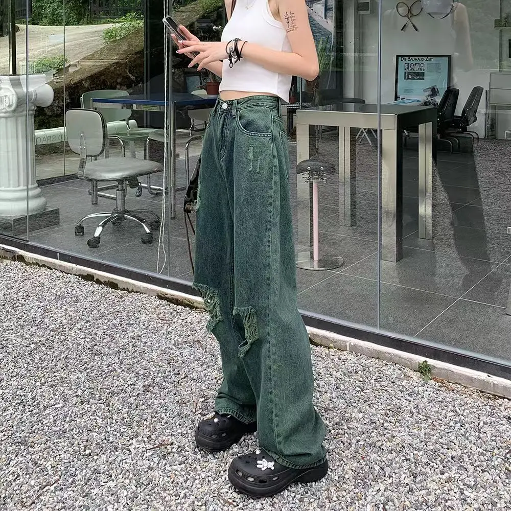 

Blackish Green High Waist Vintage Women Jeans Spring Autumn Straight Baggy Streetwear American Style Ripped Jeans Wide Leg Pants