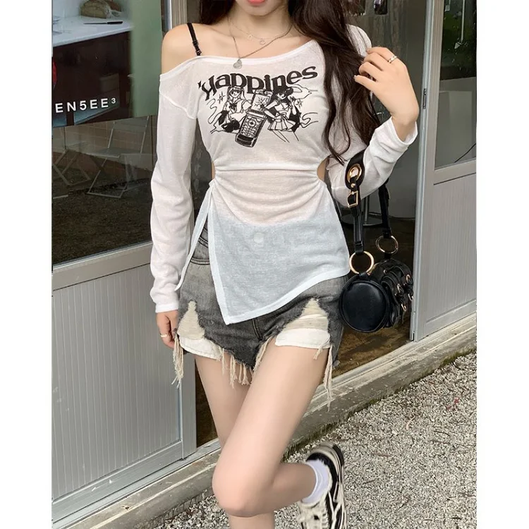 

Harajuku Vintage Skew Collar Print Tops Women Summer New Long Sleeve Sunscreen T-shirts Sweet Sexy Off Shoulder Tee Shirt