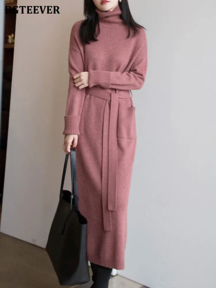 

BGTEEVER Elegant Thicken Warm Loose Turtleneck Knitted Dress Women Full Sleeve Lace-up Pockets Female Sweater Dresses Winter