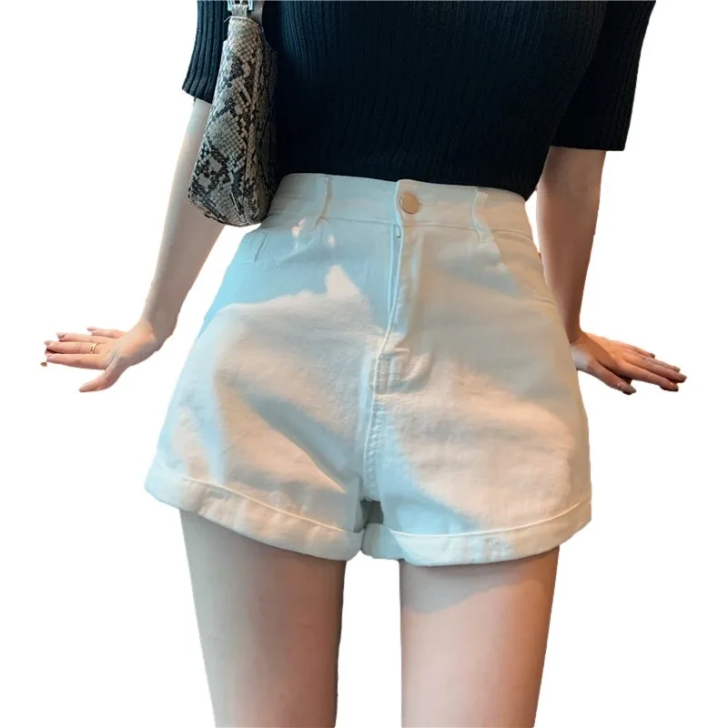 Leisure bottom wide -leg denim shorts female 2023 new summer thin A -line white rolled hot girl hot pants