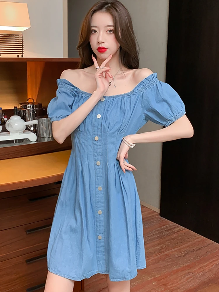 

Женское джинсовое мини-платье с пышными рукавами, элегантное облегающее Повседневное платье в Корейском стиле для выпускного вечера, лето 2023